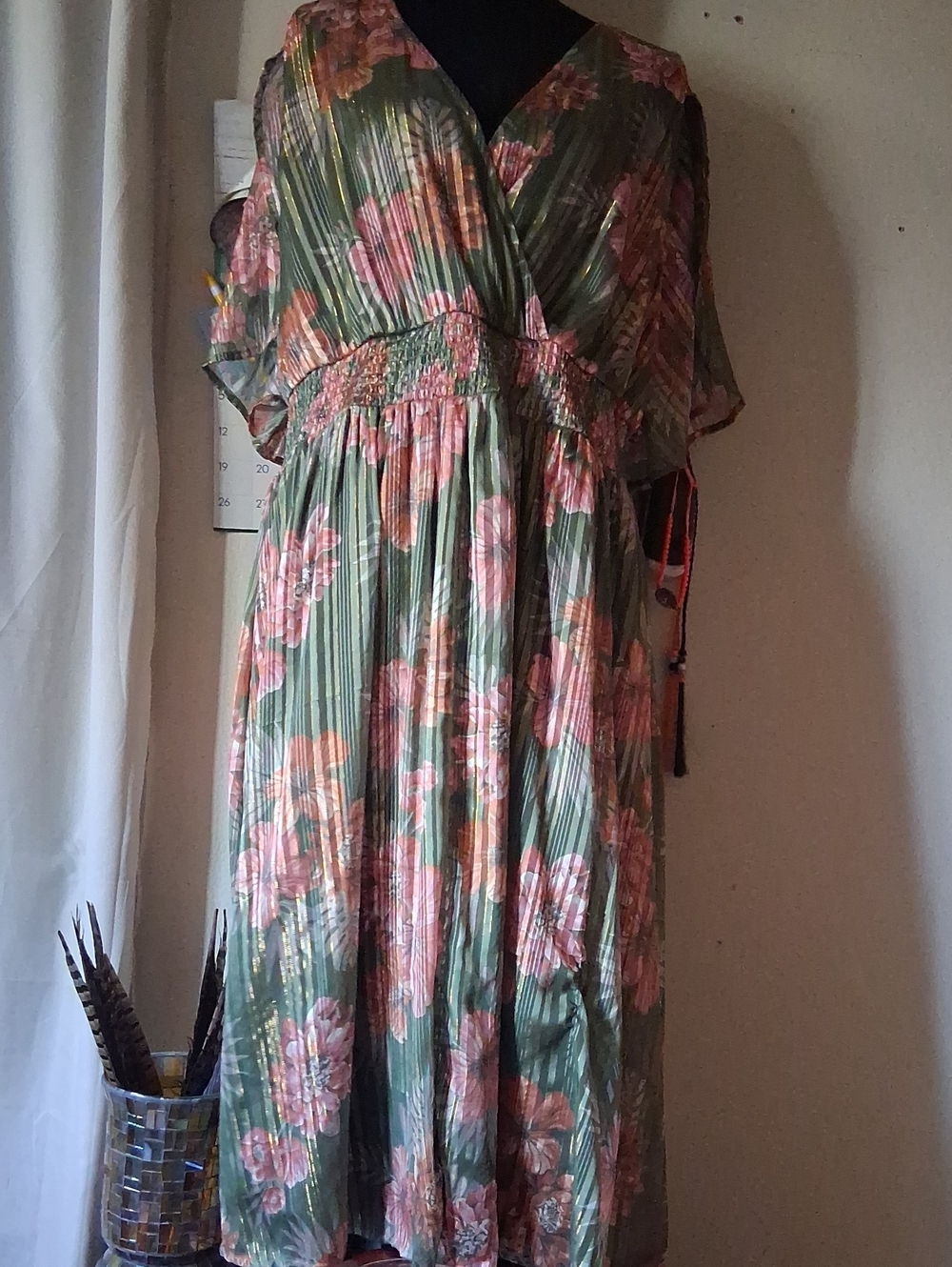 Roaman's Olive Green Floral Maxi Dress with Pink Blooms